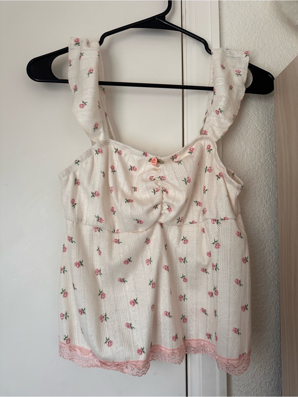 ROMWE Pink and Cream Floral Tank with Lace Trim